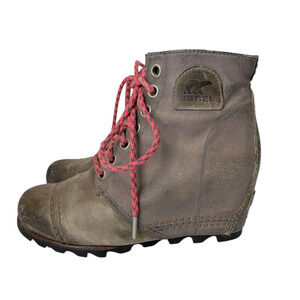 Sorel PDX Lexie Canvas Leather Wedge Lace Up Boot Size 8 Quarry Grey Brown Tan